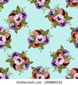 Delicate violets drawn by hands. Nice spring bouquet. Seamless texture for fabrics, Wallpapers, shawls, bandanas, covers, packaging.