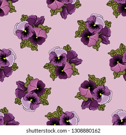 Delicate violets drawn by hands. Nice spring bouquet. Seamless texture for fabrics, Wallpapers, shawls, bandanas, covers, packaging.