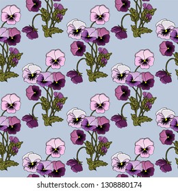 Delicate violets drawn by hands. Nice spring bouquet. Seamless texture for fabrics, Wallpapers, shawls, bandanas, covers, packaging.