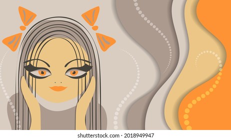delicate wallpapers with a cute flat character. a pretty girl with long hair and bows against a background of overlapping wavy shapes and curved chains of circles. vector 