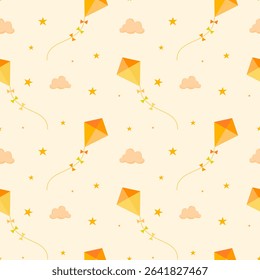 A delicate and warm pattern with flying kites, clouds and stars on a creamy beige background. Ideal for children's textiles, wallpapers, bedding, bedspreads, clothing, stationery