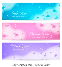 Delicate wash horizontal banners with soap foam on blue pink and purple backgrounds realistic vector illustration