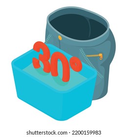 Delicate wash icon isometric vector. Grey cropped jeans and basin of water icon. Washing, housework, hand wash