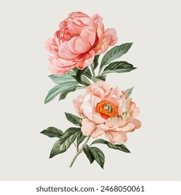 Delicate watercolor art of two flowers in shades of pink and rose with lush green leaves, ideal for serene decor and stationery.