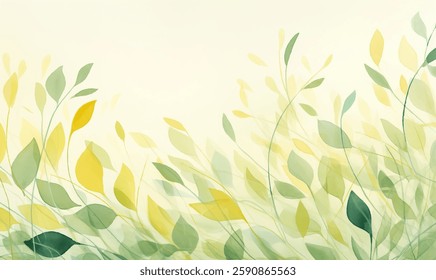 Delicate watercolor background features overlapping green and yellow leaves, providing a calming and artistic atmosphere perfect for various design projects and creative uses