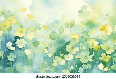 Delicado fondo de acuarela de campo sereno de flores en verdes suaves y amarillos. Lavados suaves de color de diseño de Vector de atmósfera de ensueño y etéreo. Sutiles variaciones en verde crean profundidad 