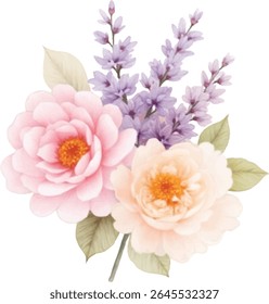 A delicate watercolor bouquet featuring two soft pink and peach roses, accented by wispy purple lavender sprigs and muted green leaves, all isolated on a transparent background.