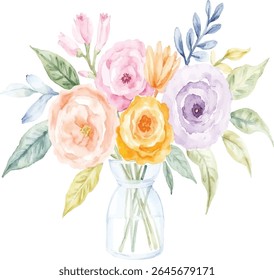 Um delicado bouquet de aquarela apresenta uma variedade de rosas de tons suaves e verde artisticamente dispostos em um vaso de vidro transparente, apresentado em um fundo transparente.