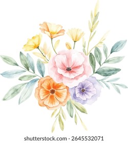 A delicate watercolor bouquet showcases vibrant pink, orange, and purple flowers intertwined with soft green leaves and subtle yellow accents, all presented on a transparent background.
