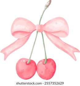 Delicate Watercolor Cherries with Pink Bow