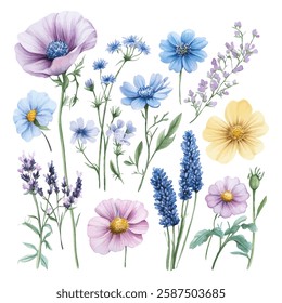 A delicate watercolor collection of wildflowers in shades of blue, purple, and yellow, ideal for botanical illustrations, invitations, and nature-inspired designs