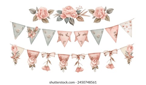 Delicate watercolor flags and flowers set for Easter, vector