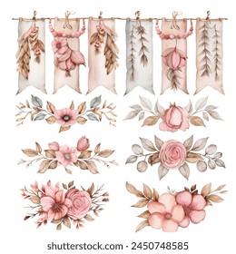 Delicate watercolor flags and flowers set for Easter, vector