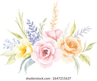 Um delicado arranjo floral aquarela com rosa macio, pêssego e rosas amarelas, complementado por raminhos de lavanda e verde, todos isolados em um fundo transparente.