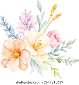 A delicate watercolor floral arrangement featuring soft peach, pale yellow, and pink flowers with muted green and blue foliage, isolated on a transparent background.