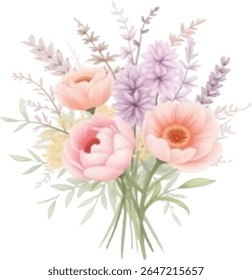 A delicate watercolor floral arrangement featuring soft pink and peach roses, accented with lavender sprigs and subtle green leaves, presented isolated on a transparent background.