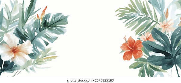 Delicate Watercolor Floral Arrangement with Tropical Hibiscus Flowers and Lush Green Foliage in Soft Pastel Colors