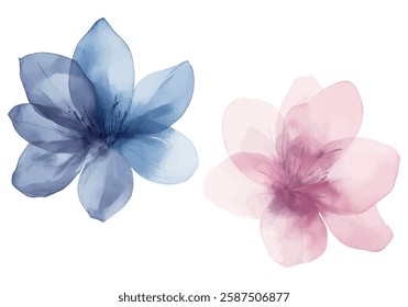 A delicate watercolor floral illustration featuring a blue and pink flower, perfect for artistic projects, wedding invitations, greeting cards, and nature inspired designs