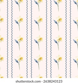 A delicate watercolor floral pattern featuring yellow daffodils on a soft pink background, accented with blue zigzag lines. Ideal for home decor or fabric designs.