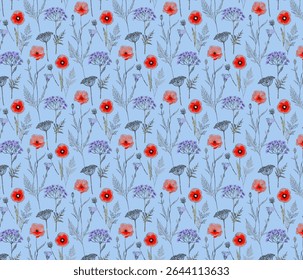 Delicate watercolor floral pattern showcasing vibrant poppies and purple wildflowers on a light blue background. Perfect for textile, fabric, wallpaper, and surface design.