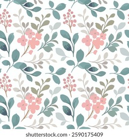 Delicate Watercolor Floral Seamless Pattern with Pink Blossoms and Green Leaves