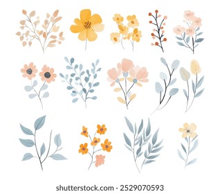 Zarte Aquarell-Blumenillustrationen mit minimalistischen botanischen Elementen für Frühlings-Themen-Designs