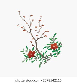 Delicate watercolor of a flowering branch with red blossoms and green leaves. Botanical art with red flowers and green foliage. Simple floral illustration. Vintage flower illustration, vector.