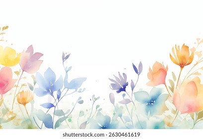 Delicate watercolor flowers in pastel shades create a vibrant border, perfect for crafting designs or enhancing backgrounds. The floral arrangement brings a refreshing touch of nature