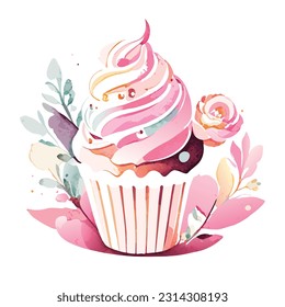 Delicate watercolor illustration, Delicate watercolor illustration, One whimsical cute cupcake, pale watercolour illustration, t-shirt design, light color palette, pastel colors, white background