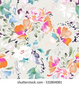 Delicate watercolor inspired flowers and soft leaves ~ seamless vector background