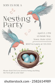 Delicate watercolor invitation for a Nesting Party featuring birds, a nest, and blue eggs. Ideal for baby showers and family events. Rendered in pastel tones with a subtle vintage style.