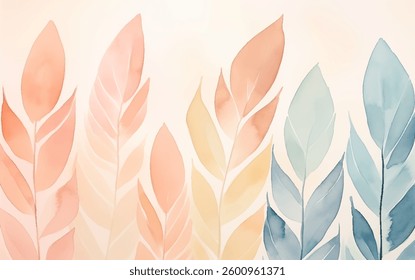 Delicate watercolor leaves in soft pastel hues fill the canvas, showcasing a blend of pink, orange, yellow, and blue tones. The subtle gradient creates a calming and inviting ambiance