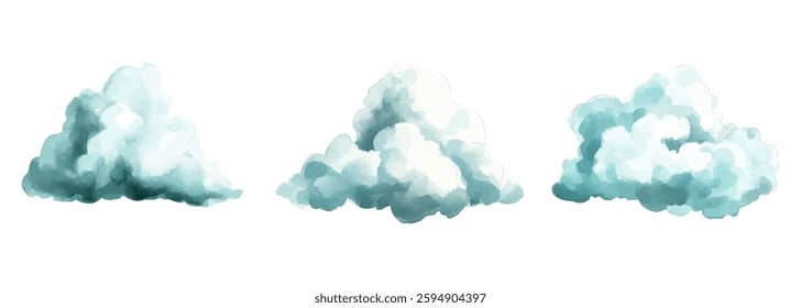 A delicate watercolor painting featuring three fluffy clouds on a white background. The soft and dreamy aesthetic makes this illustration perfect for weather-related designs, backgrounds