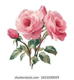 Delicate watercolor pink roses and lush green leaves on white background, perfect for botanical prints, wedding stationery, greeting cards, and romantic home decor.