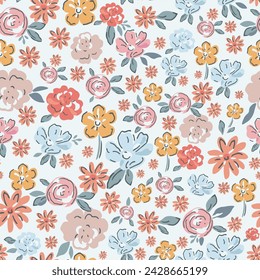 Delicate watercolor seamless pattern depicting pink, blue and orange wildflowers on a light blue background.