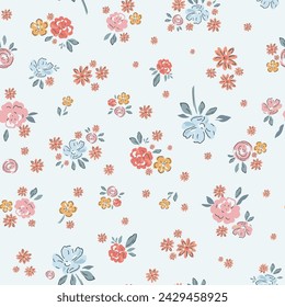 Delicate watercolor seamless pattern depicting pink, blue and orange wildflowers on a light background.