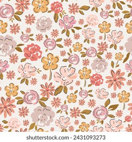 Delicate watercolor seamless pattern depicting pink, red and orange wildflowers on a light background.