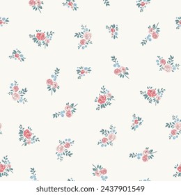 Delicate watercolor seamless pattern depicting pink, red and blue flowers with green leaves on a light background.