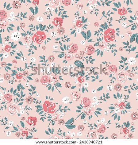 Delicate watercolor seamless pattern depicting pink, red and white flowers on a light pink background.