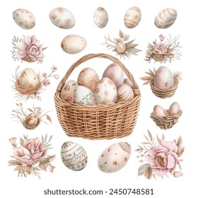 Juego de acuarela delicada para Pascua, huevos en una cesta, Ilustración vectorial de un huevo de fabirge para Pascua, flores lindas