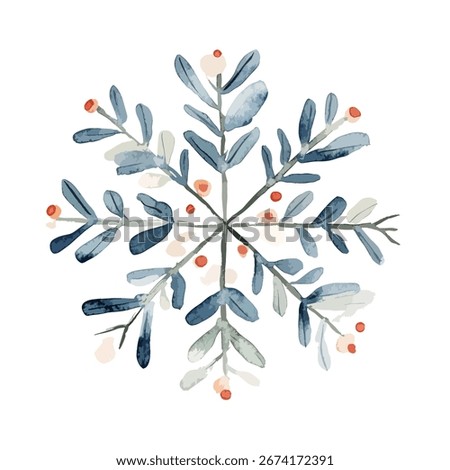 A delicate watercolor snowflake design featuring intricate blue and green branches adorned with small red berries and white accents.