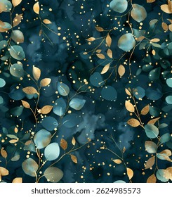 Delicate watercolor vector background of seamless pattern featuring golden accents and botanical elements. The rich blue-green tones and elegant design make it suitable for various creative projects