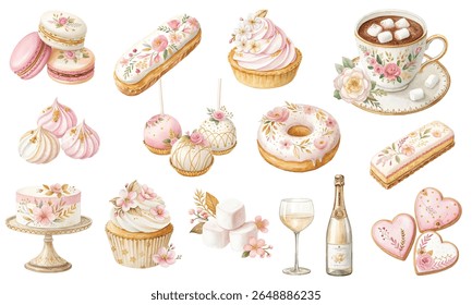 Delicado conjunto vetor aquarela de doces franceses, bolos, cupcakes, merengues, macarons, donuts, eclairs, champagne, marshmallows, biscoitos e chocolate quente. Perfeito para casamento, aniversário.
