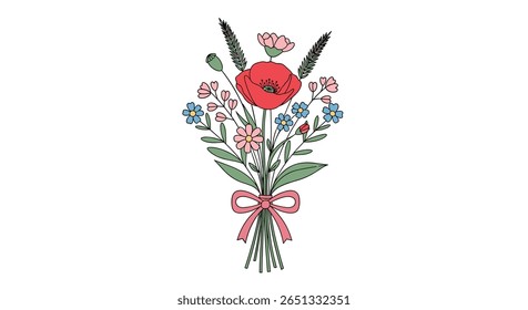 Delicado buquê de flores silvestres de aquarela com sotaque de fita rosa