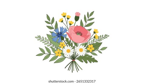 Delicate watercolor wildflower bouquet with poppy cornflower daisies and yellow blooms