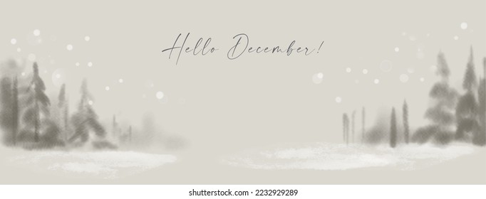 Delicate watercolor winter banner. Artistic drawing of a winter snow-covered forest. Abstract Christmas background