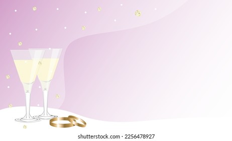 A delicate wedding background with a purple gradient, two glasses of champagne and wedding rings, covered with a light translucent veil with sequins. Vector illustration