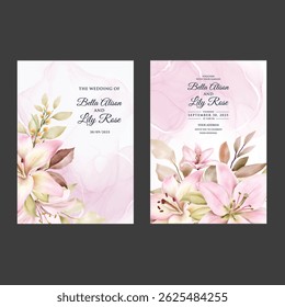 Delicate wedding card design with flowers, foliage, and light watercolor texture


