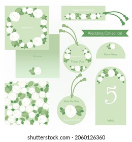 Delicada colección de bodas. Rosas blancas con hojas en un fondo verde. Diseñar plantillas para invitaciones y tarjetas. 