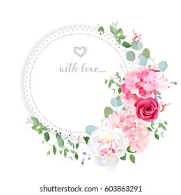 Delicate wedding floral vector design card. Half moon shape bouquet. Peony, rose, hydrangea, eucalyptus. Colorful objects set. All elements are isolated and editable.